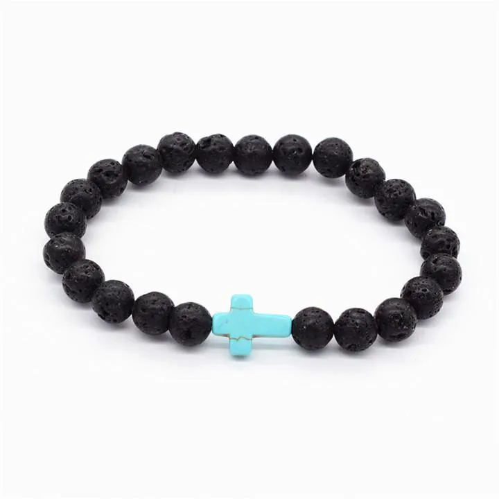 NW Fashion Lava-Rock Round Bead Cross Charm Armband Anti-Fatigue Lava Bracelets Aromaterapi RSSential Oil Diffuser Smycken