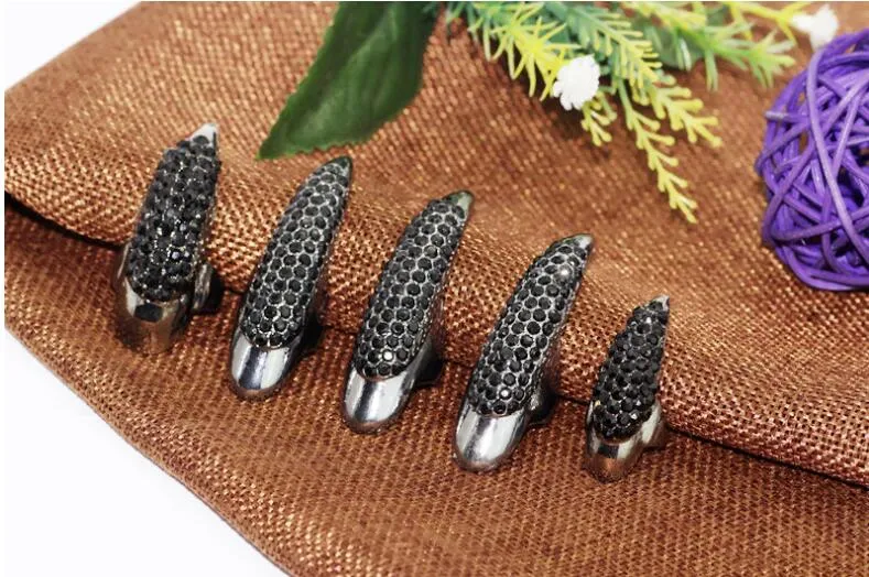 Punk Full Strass Nail Finger Ring Exagéré Holloween Cosplay Bijoux Cristal Noir Eagle Claw Nail Rings / set