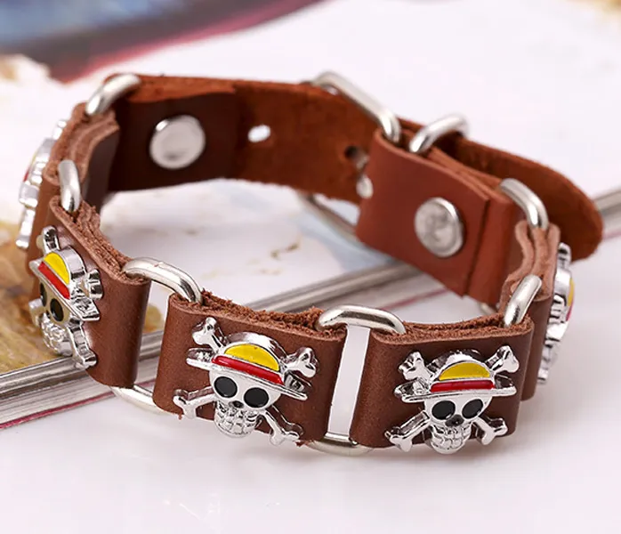 Vintage Pirate Skull Charm Bracelet Men's Casual Genuine Leather Bracelet With Metal Buckle Cool Punk Jewelry In Stock