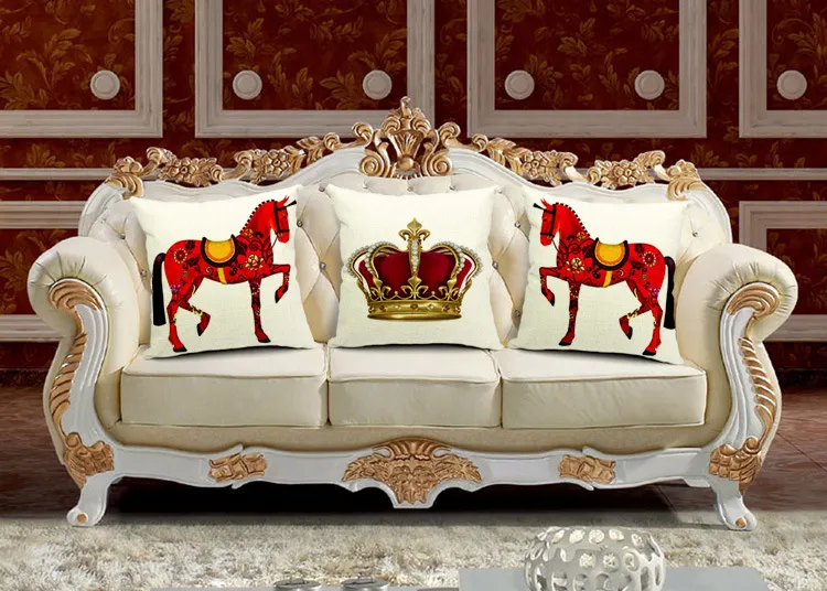 Decorative Red Horses Throw Pillow Cover Case European Royal Crown Cotton Linen Cushion Cover for Sofa Home Decor Capa Para Almofa1053962