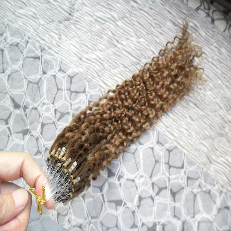 Brésiliens Kinky Curly Hair Micro Loop Extensions de cheveux humains 100g # 8 Extensions de micro lien perlé brun clair