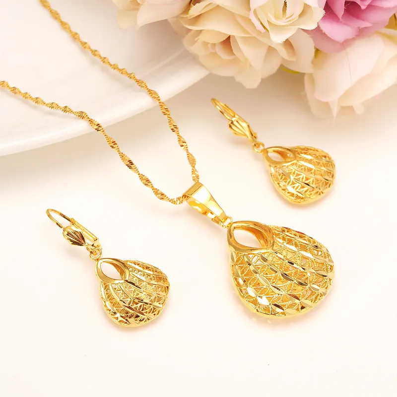 Set di orecchini pendenti con borsa alla moda, regalo feste da donna, vero set di gioielli con orecchini in oro massiccio giallo 24k