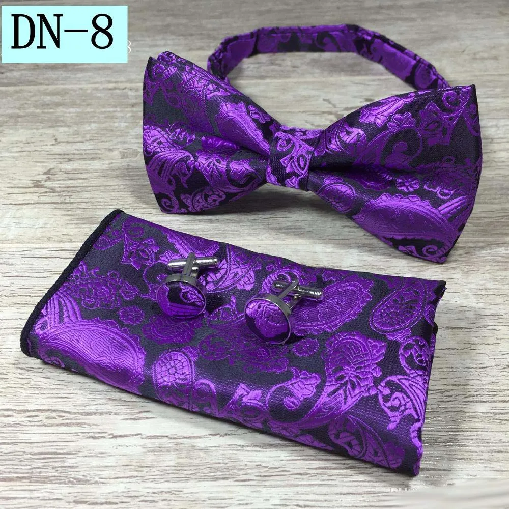 Nowy projekt Self Bow Tie i Hanka Cufflinks Zestaw Jedwabnych Jacquard Tkane Mężczyźni Butterfly Bowtie Pocket Square Chusteczki Wedding