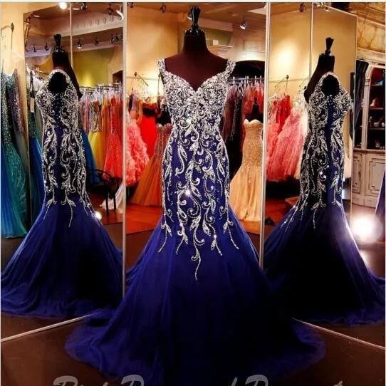 2020 New Sexy Bling Navy Blue Prom Dresses Sweetheart Crystal Beaded Tulle Mermaid Sweep Train Evening Party Gowns Custom Evening Dresses