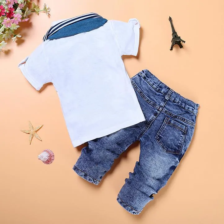 Meninos Conjuntos de Roupas Crianças Bebê Menino Roupas Casuais T-shirt + Cachecol + Calça Jeans Roupas Crianças Verão Crianças Traje Terno 13148