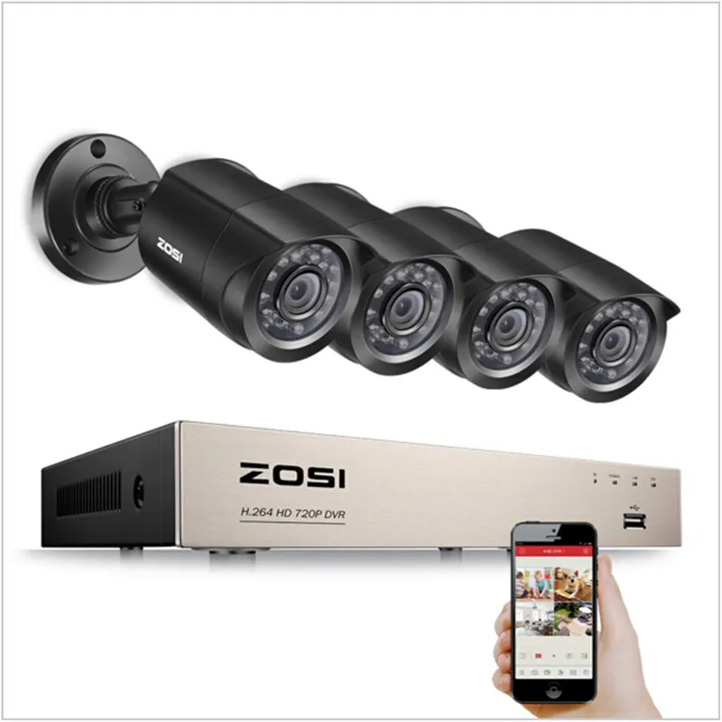 4x HD 1280TVL Kapalı / Açık Hava CCTV Kameralar ile zosi CCTV Sistemleri 1080N / 720P Video Güvenlik Sistemi DVR kayıt cihazı