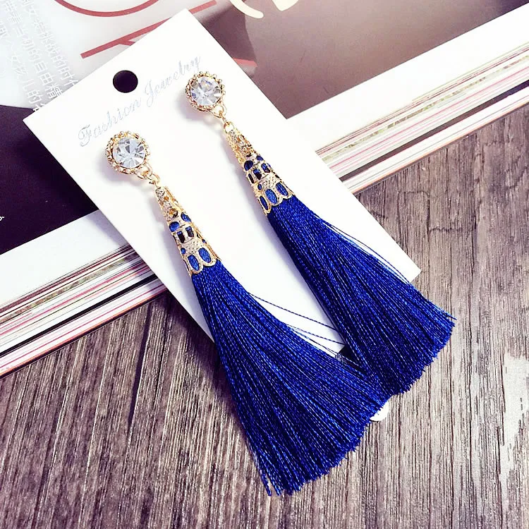 Uzun Püskül Küpe Elmas taklidi Bırak Bildirimi Fringe Küpe Kadınlar Lüks için Bırak Küpe Avrupa Rhinestone Püskül Dangle Gözyaşı Konu