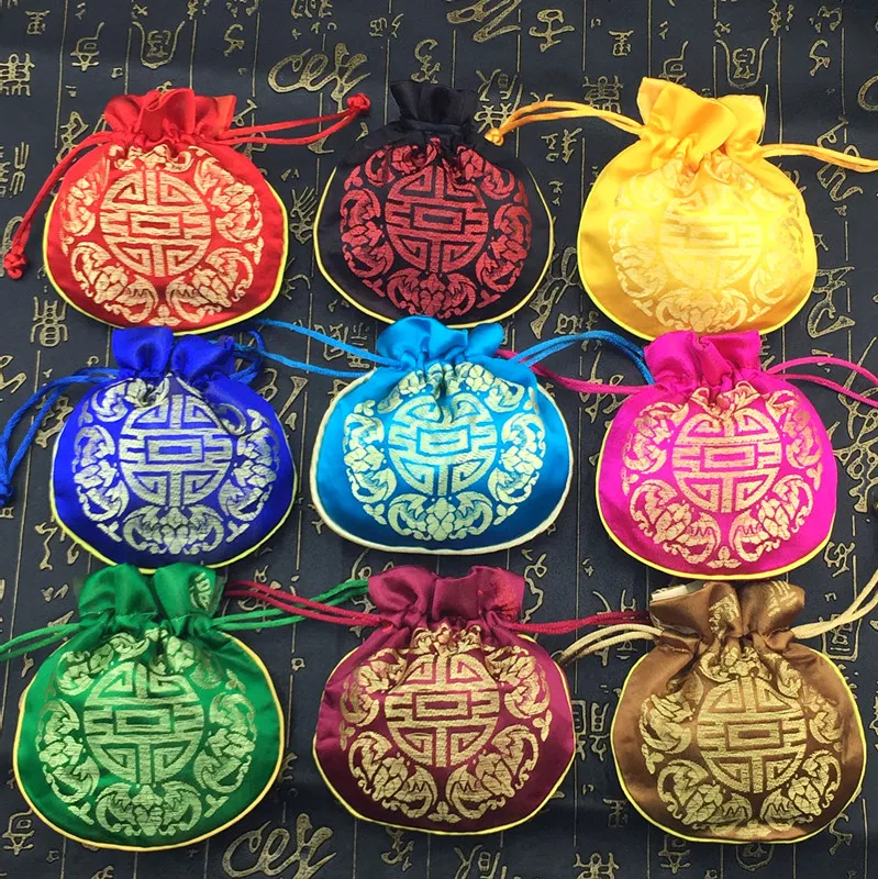 Chinesische freudige Muster-kleine Geschenk-Beutel für Silk Brocade Drawstring-Schmuck-Beutel-Hochzeitsfest-Bevorzugungs-Süßigkeitstasche-Münzen-Geldbeutel-Tasche 50pcs / lot