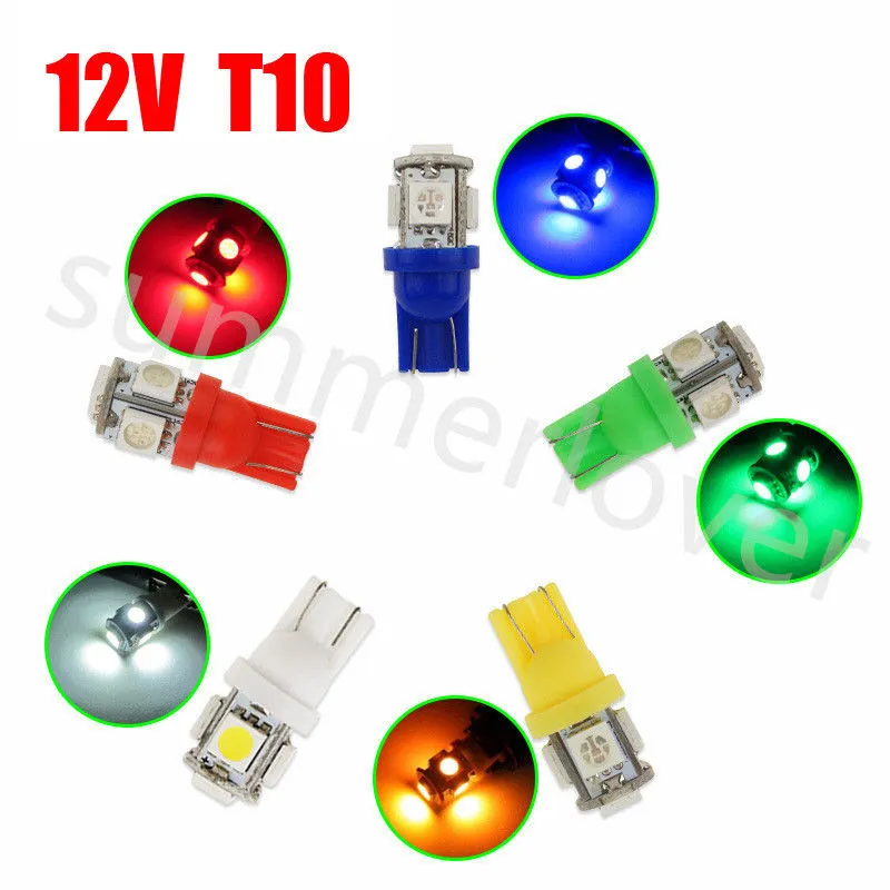 50Pcs Mixed 5 Colors DC 12V T10 Led Car Auto 5smd 5050 Wedge Interior Side Plate License Door Map Light Bulbs White RED Blue Amber Green