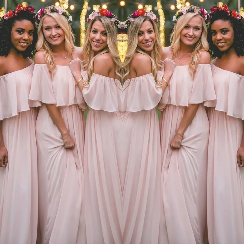 Nieuwste blos roze bohemien-stijl bruidsmeisje jurken sexy ruches off shoulder chiffon lange prom jurken goedkope mooie feestjurk voor bruiloften