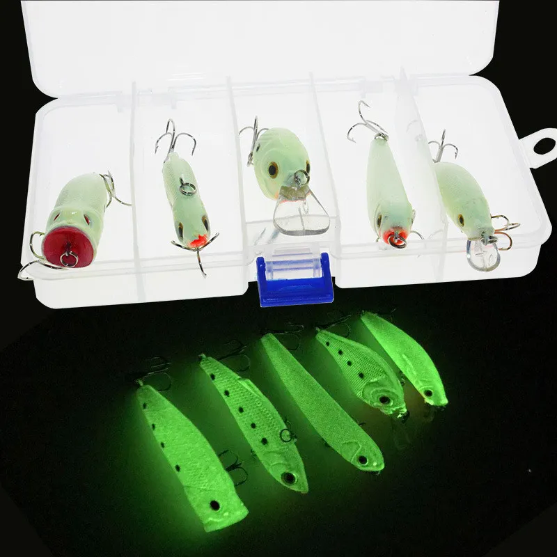 Смешайте 5 стилей набор светящихся искусственного приманки VIB / карандаш / минжен / поппер / рок флуоресцентный бионичный пластиковый рыболовный рыболовная приманка пресноводная рыбалка рыбалки