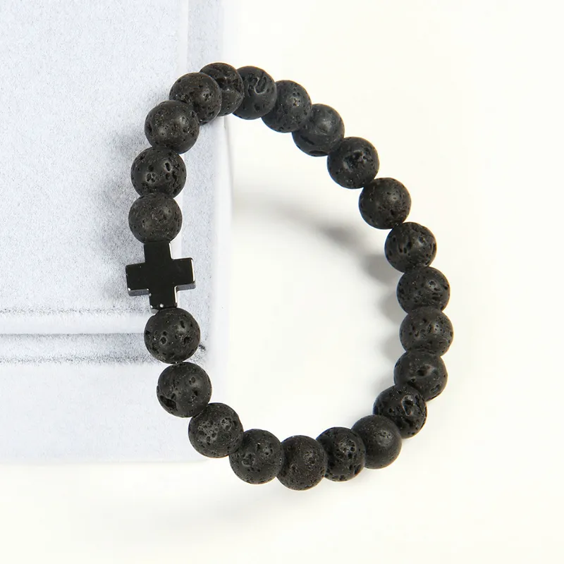 新しいデザインブレスレット全体ロット8mm Quality Lava Stone Beads with Hematite Royal Cross Jesus Bracelets2209