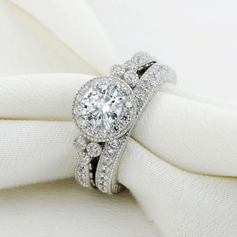 Size 5/6/7/8/9/10 Vintage Jewelry Round Cut 925 Sterling Silver White Topaz CZ Diamond Gemstones Wedding Engagement Bridal Ring Set Gift