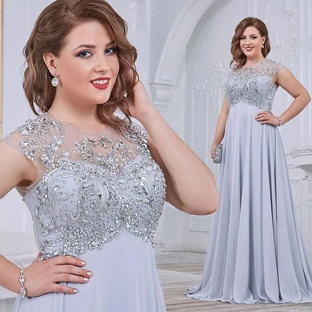 Élégant argent paillettes mère de la mariée robes perlées pure bijou cou robe d'invité de mariage balayage train grande taille robes de soirée en mousseline de soie