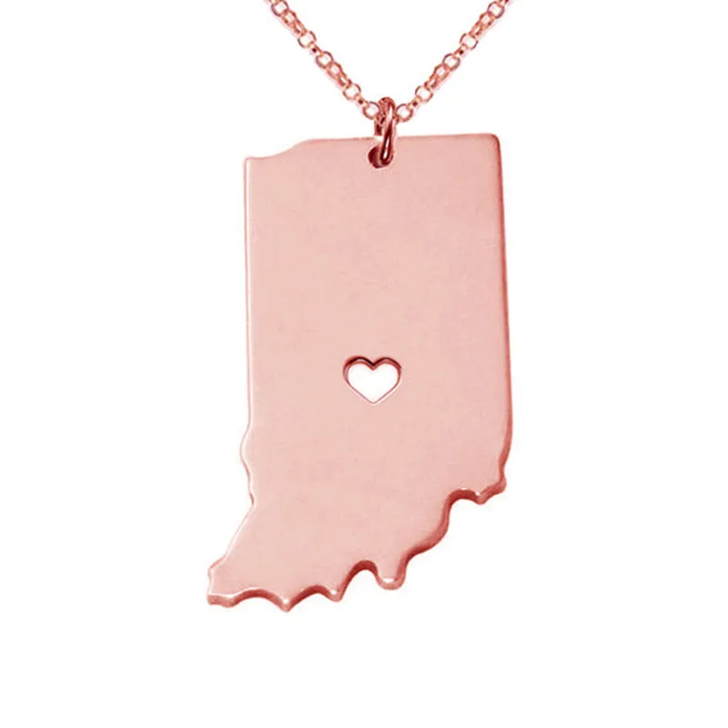 Collier pendentif en acier inoxydable avec carte de l'Indiana avec coeur d'amour USA State IN Geography Map Colliers Bijoux pour femmes et hommes