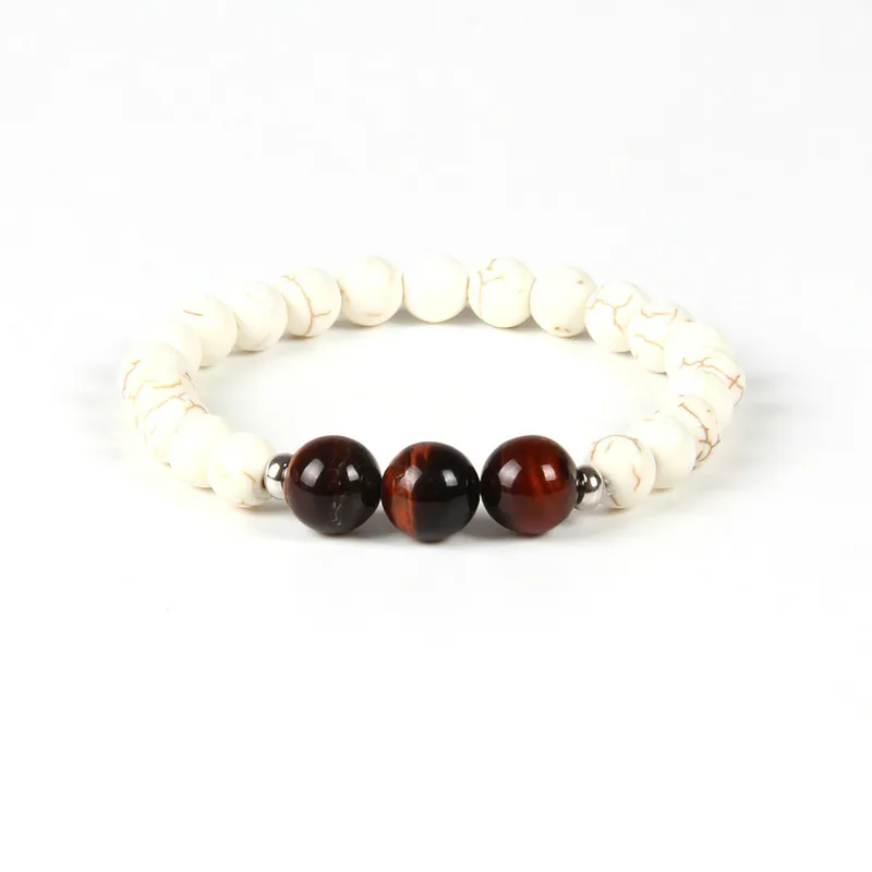 Nya mönster pärlstav Fashion Armband Partihandel 10st / Parti 10mm Naturlig röd tiger Eye Stone Pärlor Vit armband för män