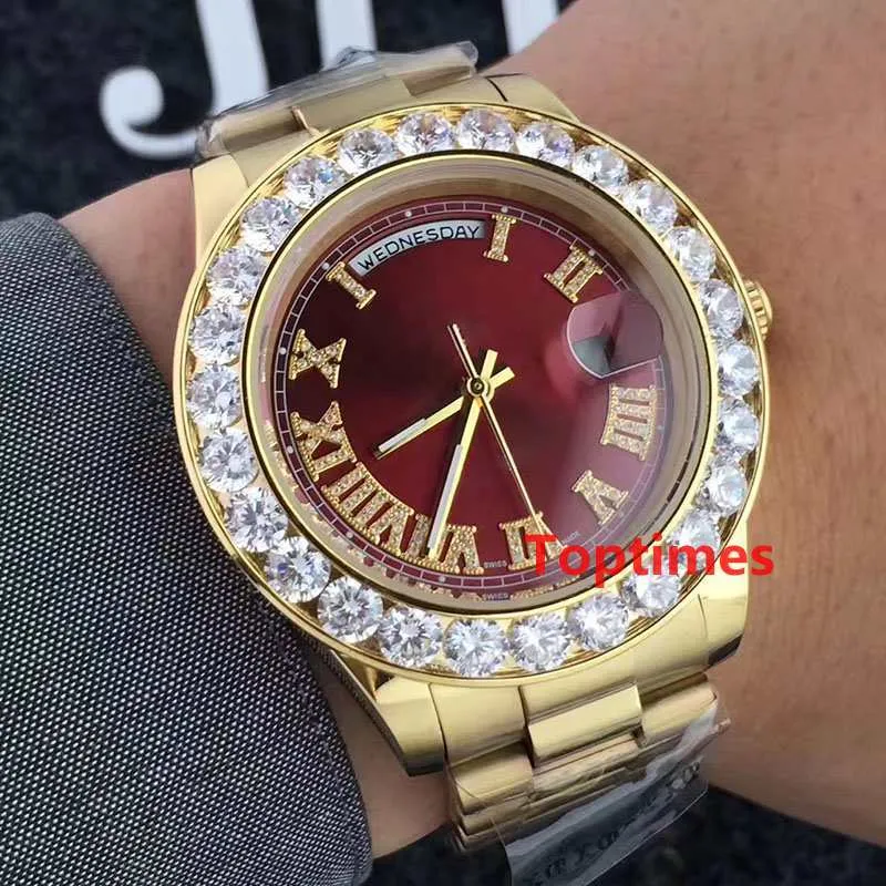 LUXURY 18K GOLD President Day-Date Geneva Män Big Diamonds Ring Bezel Automatisk handledsroll Mäns Klocka Reloj Klockor Armbandsur