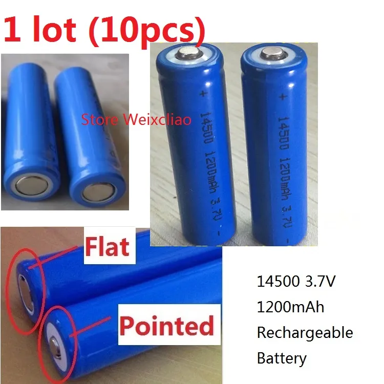 10st 1 parti 14500 3.7V 1200-1300mAh Storlek 5 Lithium Li Ion Uppladdningsbart Batteri 3.7 Volt Li-ion Positiv platt eller spetsig Fri frakt