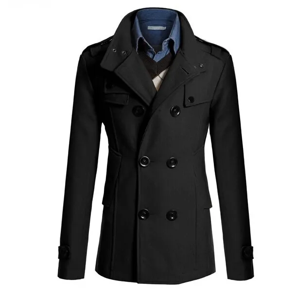 Wholesale- Syb 2016新しいスリムフィットロングコート暖かいダブルブレストピーコートコートジャケットブラック