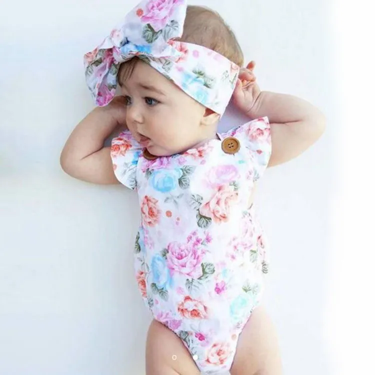 6 stilar Spädbarn Baby Girl Floral Rompers Bodysuit med huvudband Ruffles Sleeve Set Knappar 2017 Sommar Ins Romper Passar Gratis DHL