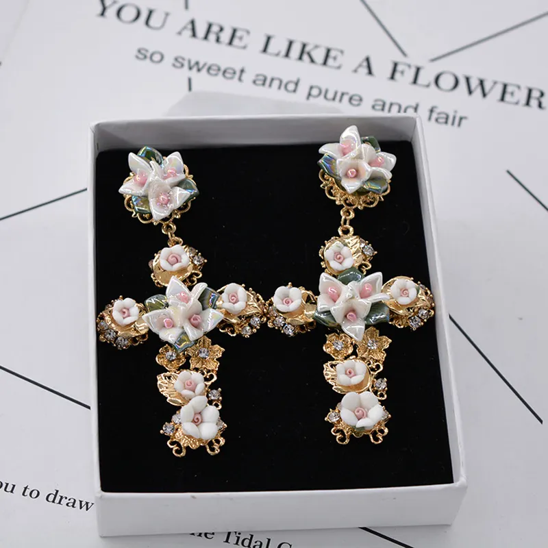 New Design Baroque Ceramic Cross Stud earrings for women Fashion Punk jewelry Crystal Flower statement earrings Brincos Bijoux