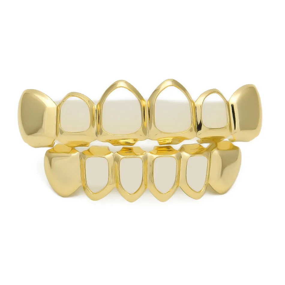 Hip Hop Custom Fit Gold Color Teeth Four Hollow Open Face Gold Teeth GRILLZ Caps Top & Bottom Grill set with Rope Chain