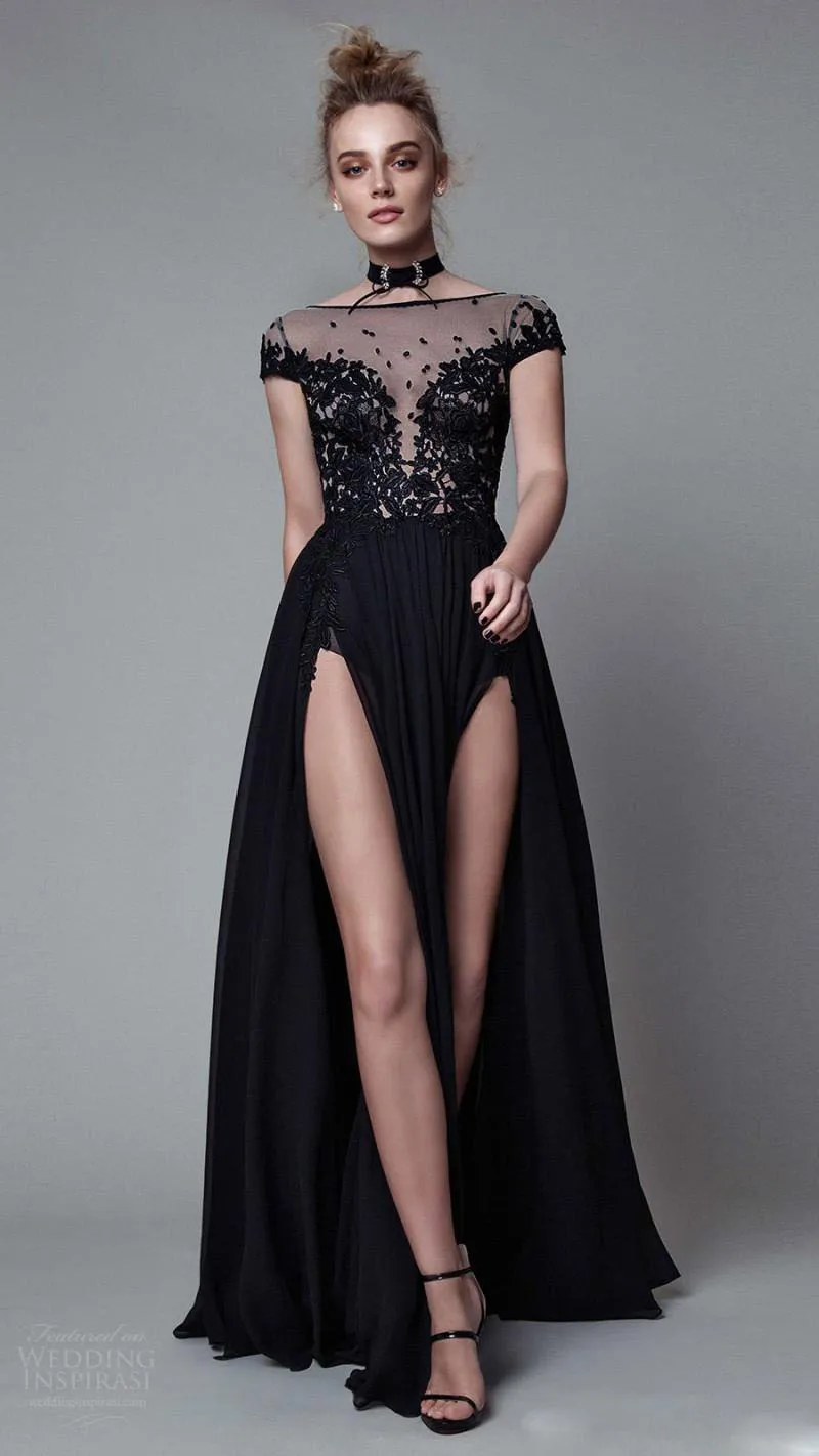 High Split 2017 Runway Fashion Show Evening Dresses Lace Sheer NeckApplique Cap Sleeve Prom Dresses Chiffon A Line Formal Party Gowns