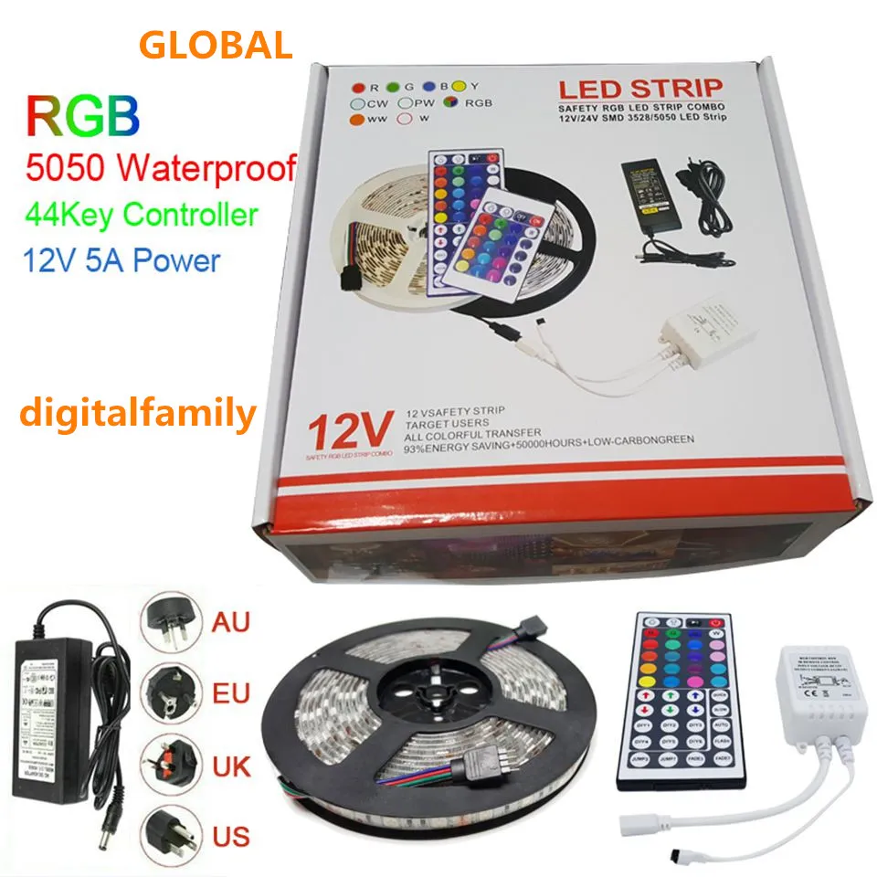 Luz de Tira CONDUZIDA RGB 5050 5 M Tiras de LED presente de Natal À Prova D 'Água Com 44 Teclas IR Controlador Remoto + DC12V 5A Adaptador De Alimentação Na Caixa De Varejo