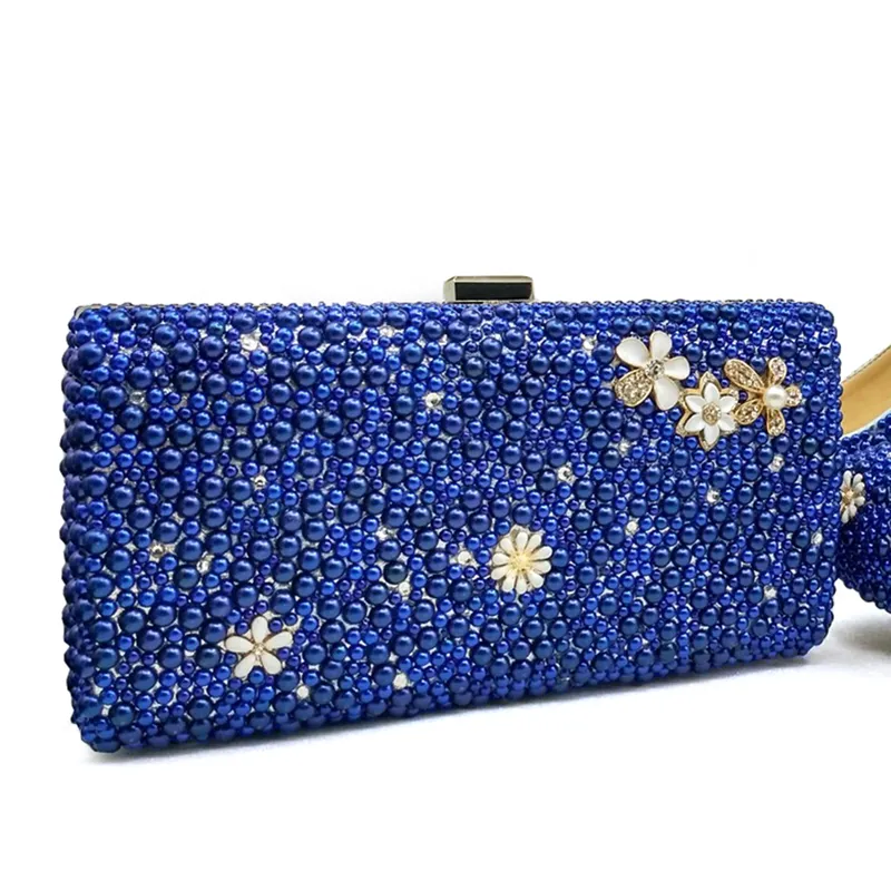 Königsblaue Perlen-Brautschuhe mit passender Tasche, wunderschönes Design, Pfauen-Stil, Strass-Hochzeitsparty-Schuhe mit Clutch2582