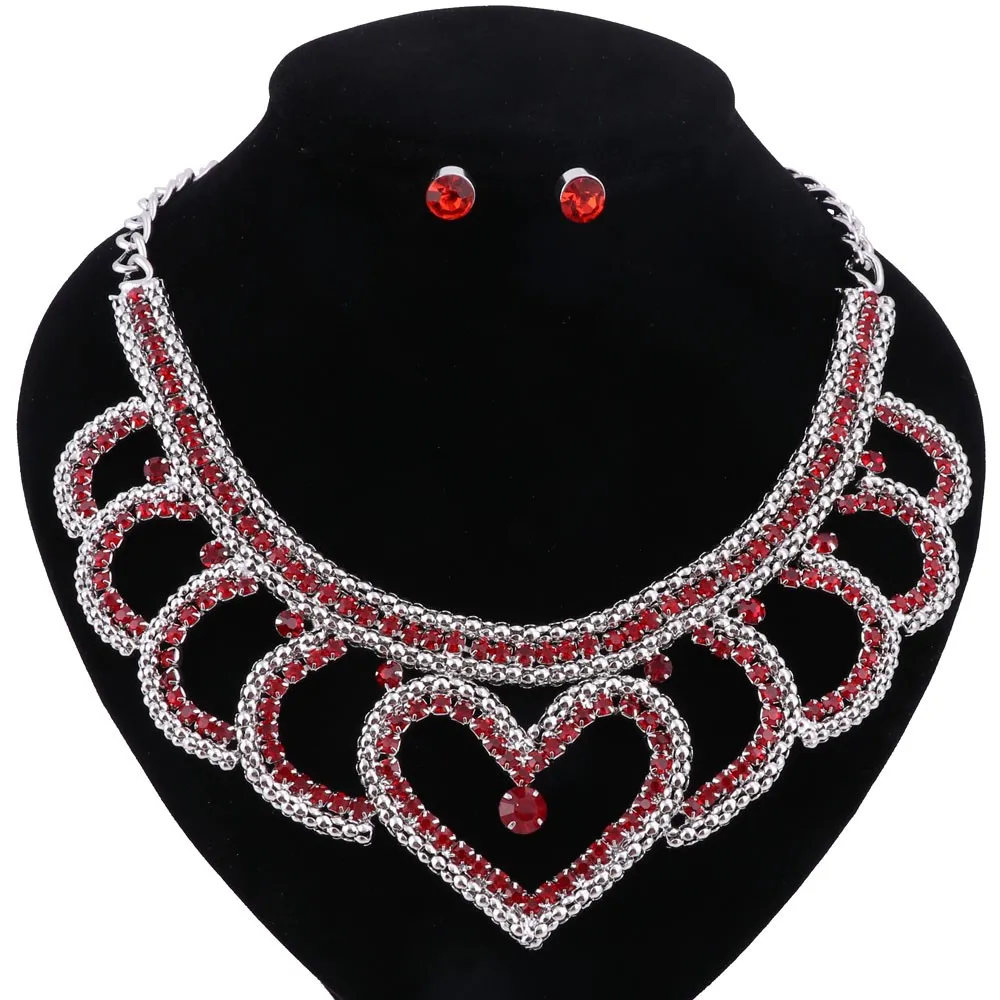 Vintage Quality Wedding Bridal Gold Plated Heart-shaped Design Red Crystal Pendant Fashion Necklace Earring Party Jewelry Sets