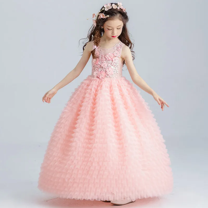 Luxury Pink Tulle Flower Girl Dress Kids Wedding Dress Ankle Length Appliques Bead Kids Party Prom Dress First Communion Dresses