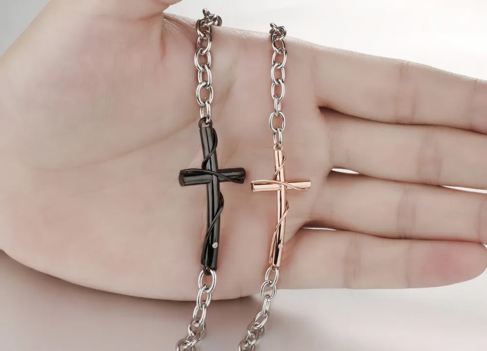 High Quality Fancy Love's Jewelry Stainless Steel Lingering Love Cross Charms Bracelet Oval Chain Black & Rose Gold