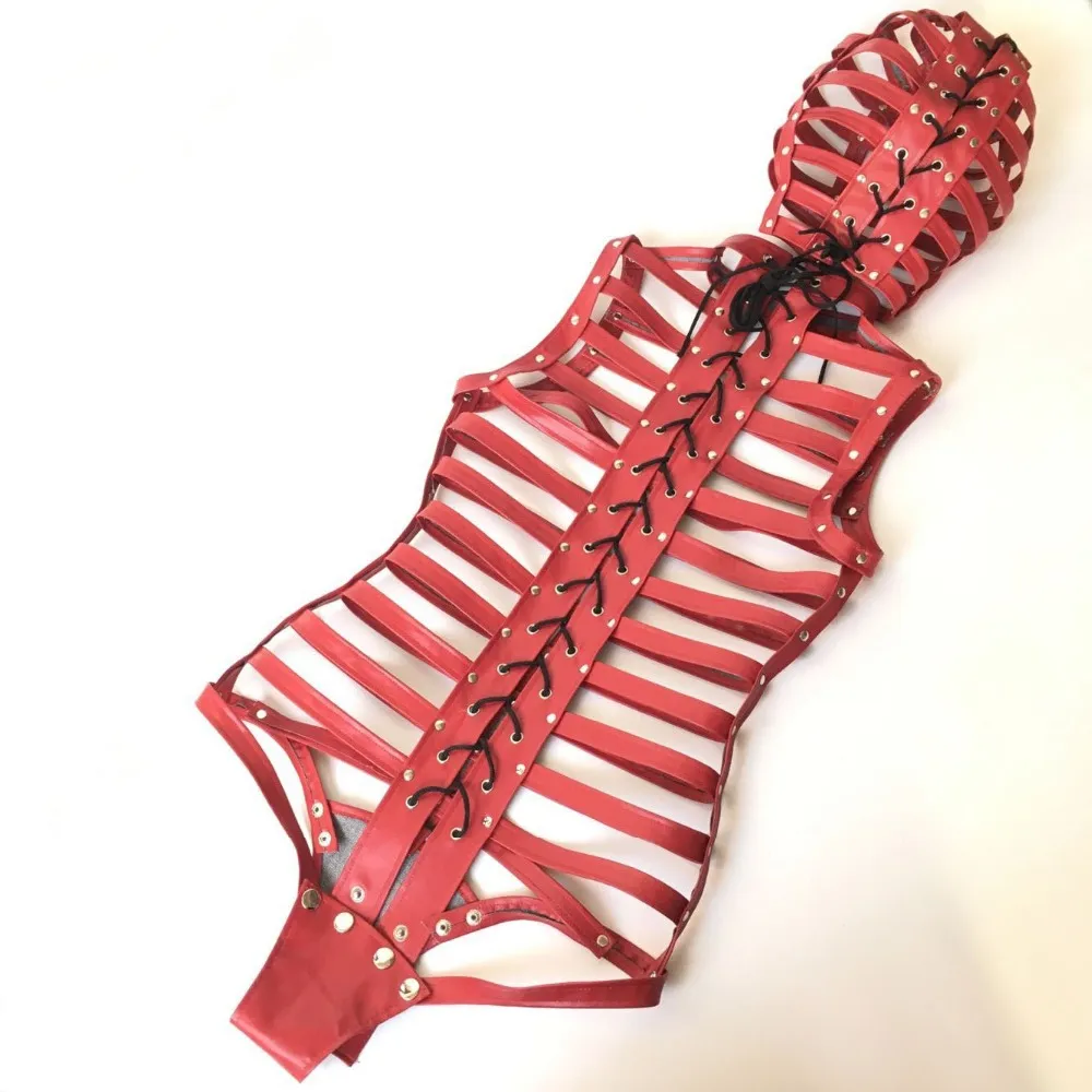 Red Bondage Restraint Läder Hood Justerbar BDSM Bondage Harness Fetish Mask BDSM Sexleksaker Sexspel till salu