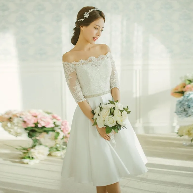 Off-Shoulder Lace Applique Beach Wedding tea length Wedding dress with Beaded Belt and Half-Sleeves - Real Pictures