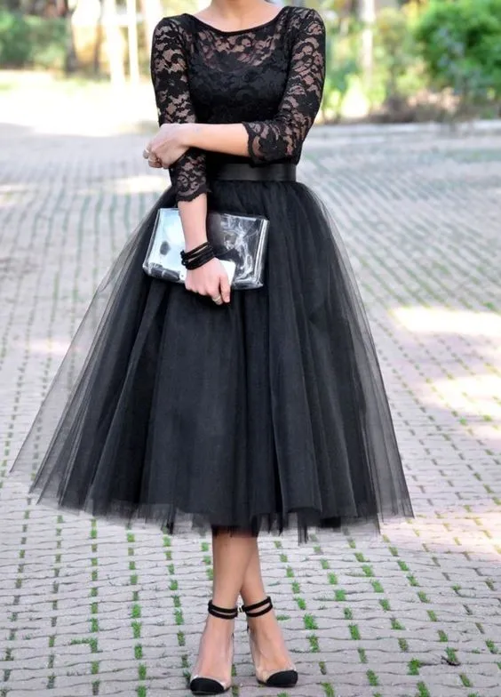 고딕 블랙 빈티지 짧은 차 길이 1950 초 웨딩 드레스 3/4 소매 라인 레이스 얇은 명주 그물 화려한 1960 년대 신부 드레스 비 화이트