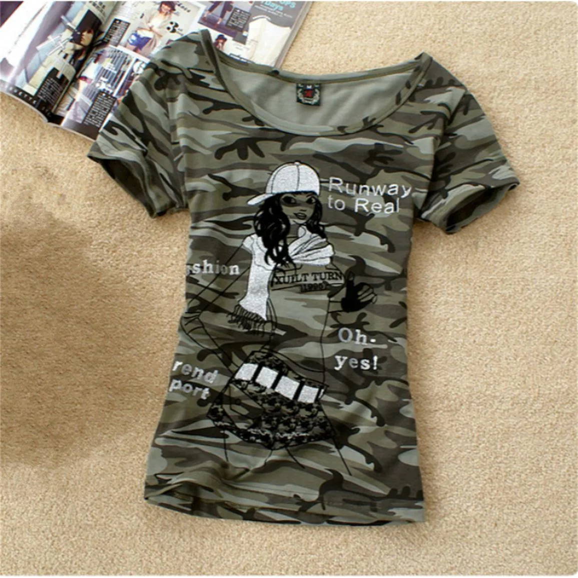 Summer Army Camouflage tshirt Women Letter Crown Printed Clothing T-shirts Students Military Uniform Short Sleeve Casual Tops
