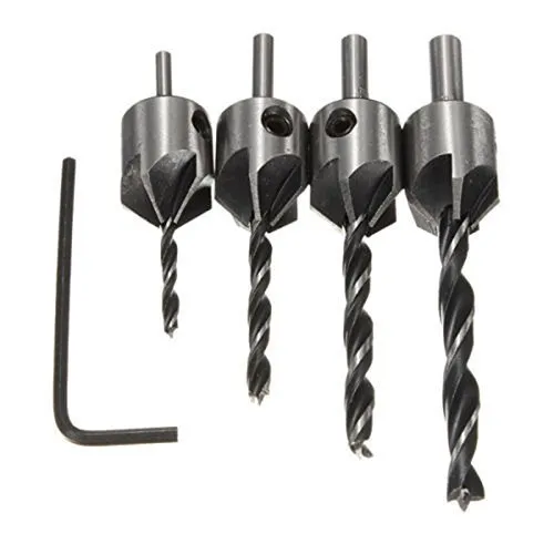 4PCS 5 Flute Countersink Drill Bit Set with Quick Change Hex Shank High Carbon Steel Woodworking Chamfer sizes 3mm 4mm 5mm 6mm