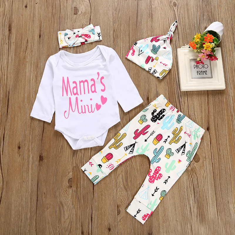 Söt baby flicka kläder set nyfödda baby outfits brev romer jumpsuit + långa byxor + huvudband + hatt 4pcs bomull tjejer sätta tjejer kläder