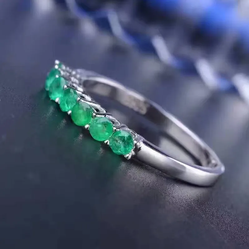 100% Doğal Taş Yüzük Katı 925 Ayar Gümüş Zümrüt Yüzük 7 ADET 2.5mm Yuvarlak Doğal Zümrüt Gemstones Yüzük Basit Tasarım