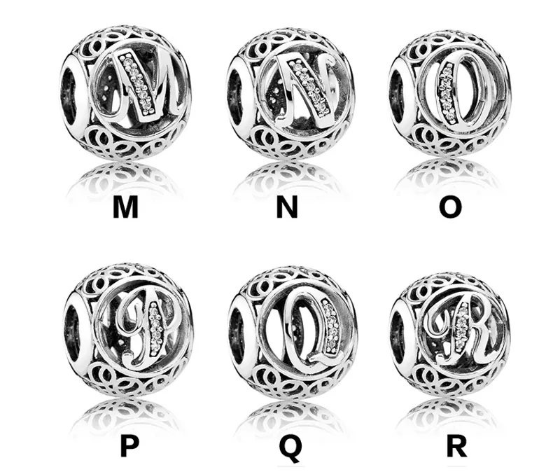 Wholesale Authentic 925 Sterling Silver Vintage Clear Letter Bead Charms Fit Pandora Women Charm Bracelets Silver Jewelry