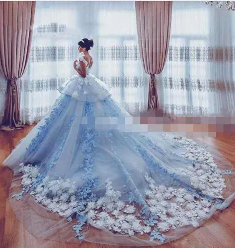 Amazing 3D Appliques Wedding Dresses 2018 Ice Blue Peplum Cathedral Train Bridal Gowns Custom Made Tulle Layers Wedding Vestidos3583210