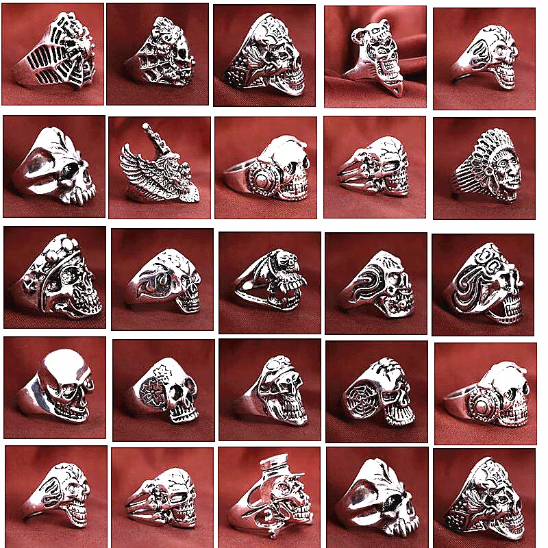 Top Gothic Punk Assorted Skull Sports Bikers Women's Men's Vintage Antique Silver Skeleton Jewelry Ring Whole177U