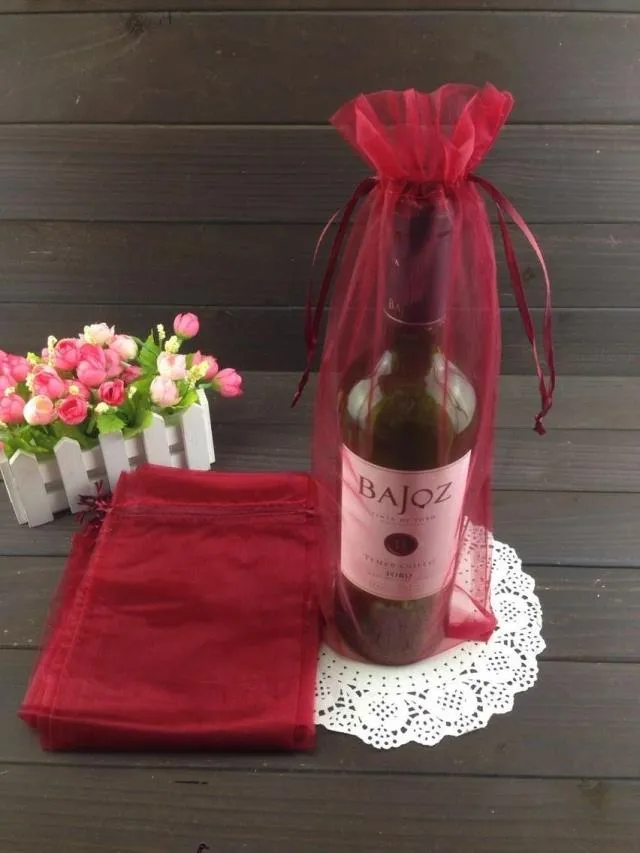 100st Gold Organza Bottle Bag Pouch Present Wrap Wedding Favor 14x35cm vinflaskväskor eller blandar färger269d