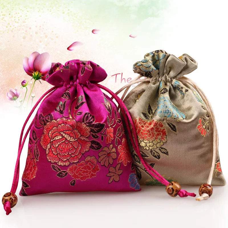 Brocade pequeno Silk Thicken Peony Flower Bag Jóias Gift Packaging Pouch Lavender Spice Saquinho Ferramentas Perfume Maquiagem armazenamento bolso / 