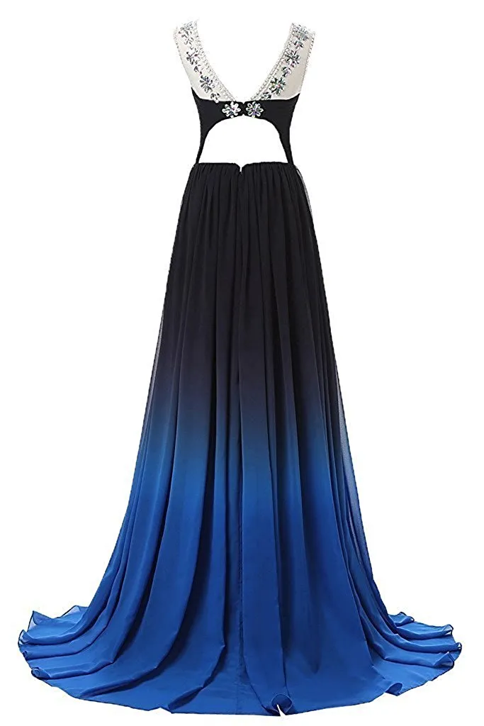 2017 nieuwe chiffon gradiënt kleur kralen lange avond formele jurk prom jurken vloer-lengte feestjurk QC440