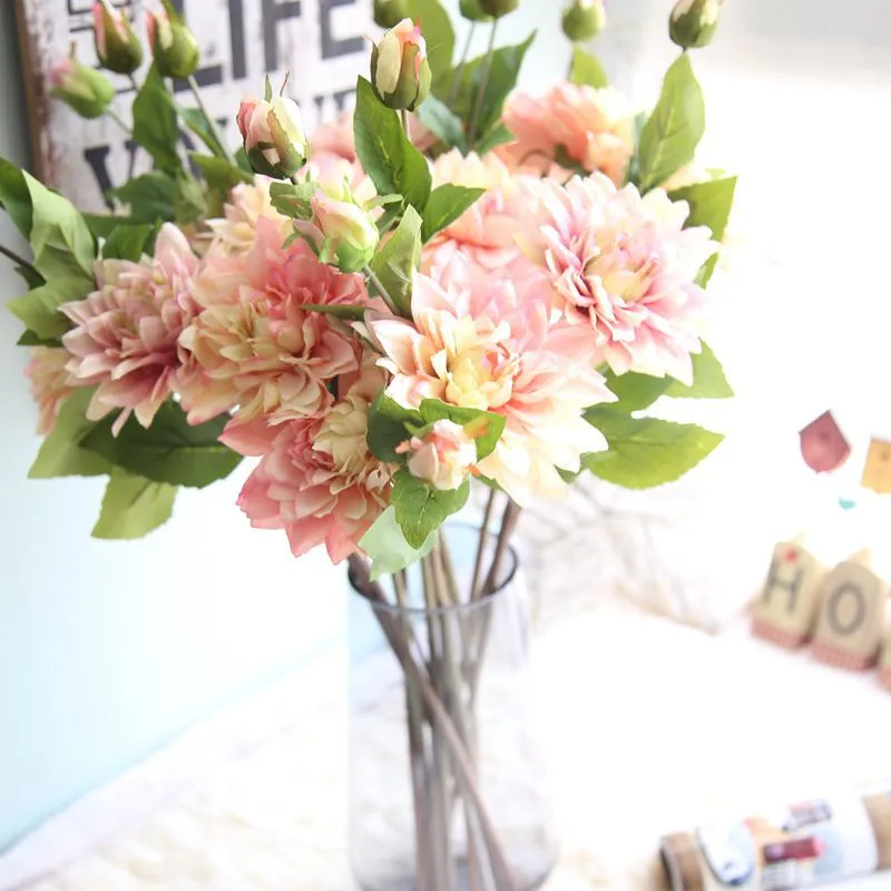 Flores de simulación a precio de fábrica, planta de Dalia de una sola rama, flores artificiales al por mayor para decoración del hogar de bodas