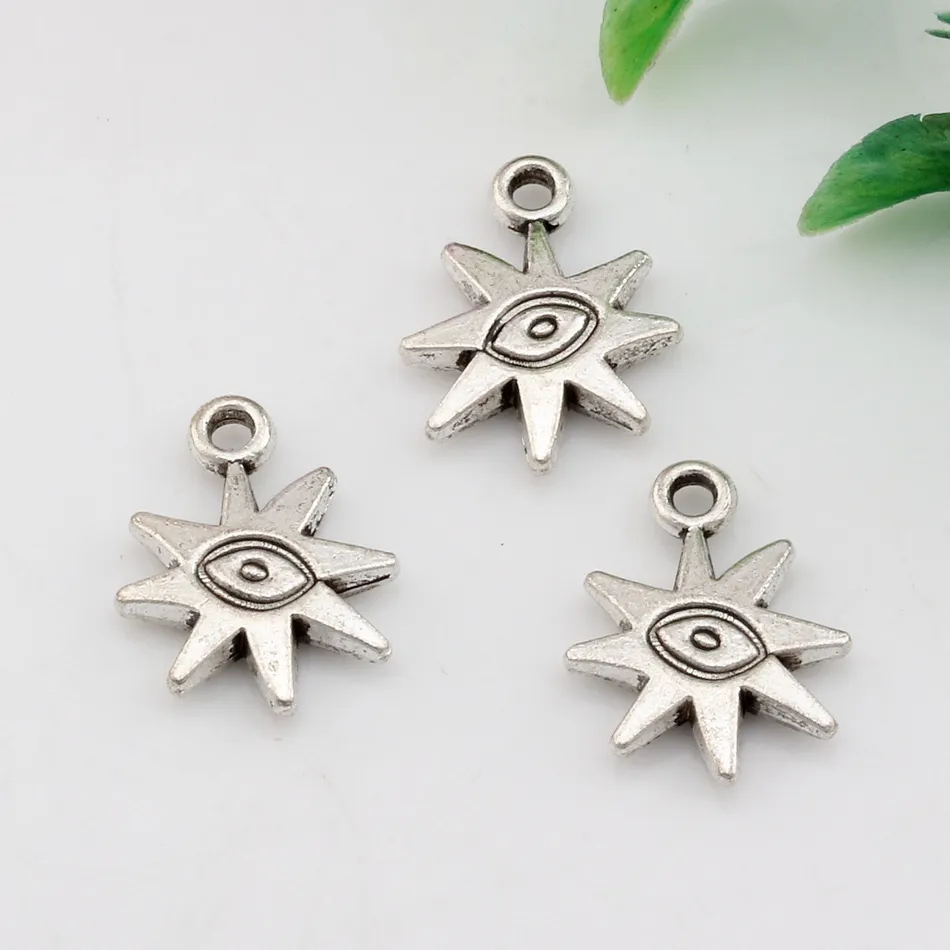 Heet ! 120 stks antiqued zilver-afgewerkte zink-gebaseerde legering dubbelzijdige zon met oog charms fit hangers ketting 19 x 15mm DIY sieraden