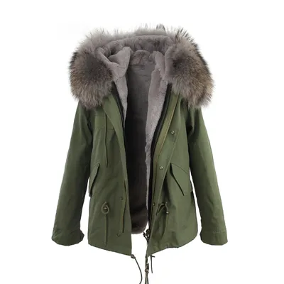 Blauer Pelzbesatz der Marke JAZZEVAR, 100 % Kaninchenfellfutter, Armee-Mini-Canvas-Parkas, Liner, abnehmbare Damen-Schneemäntel im Mrs-Stil