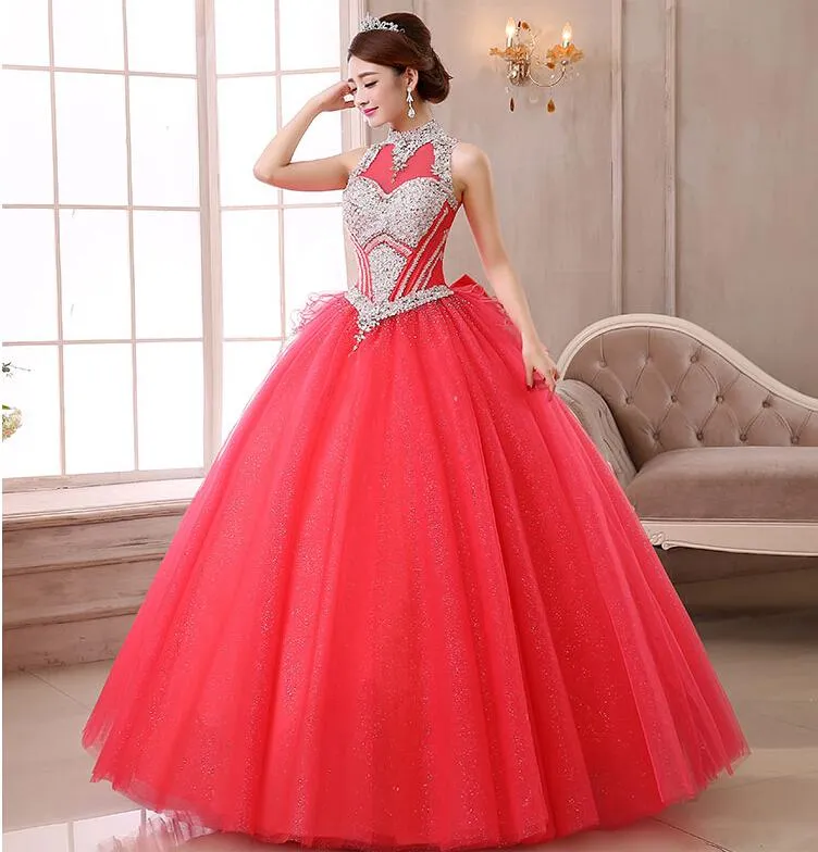 New Vintage barato Red Quinceanera vestidos de alta Neck Beading espartilho e vestidos de Debutante de tule para o doce 16 meninas Masquerade vestidos de baile