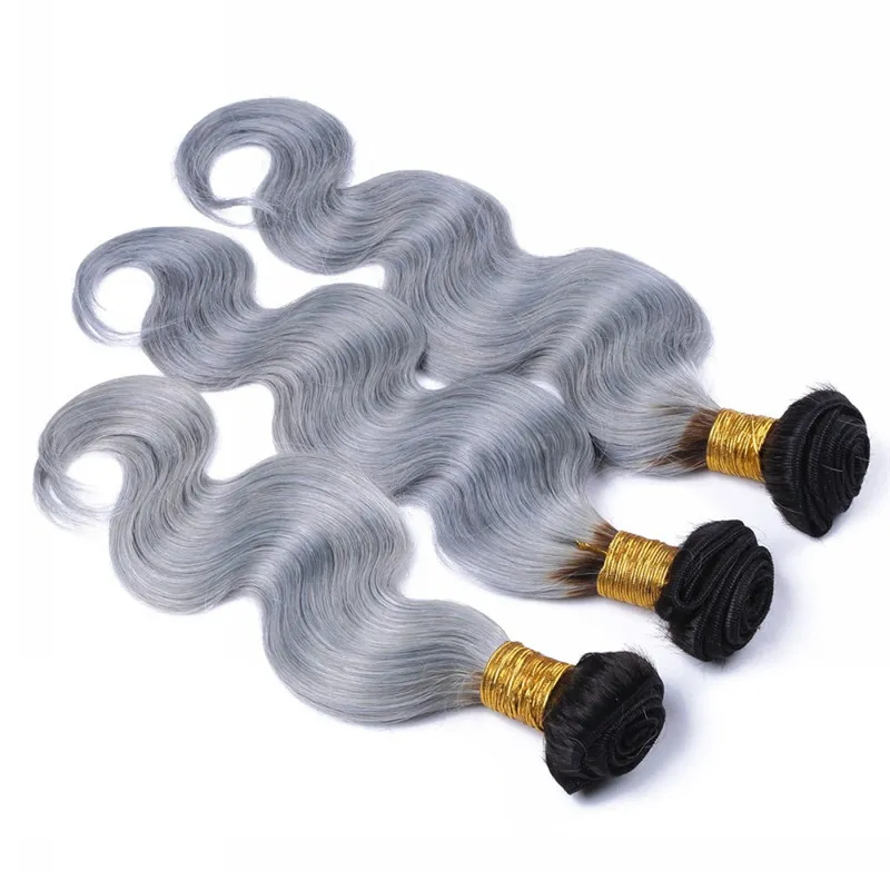 Body Wave Silver Grey Ombre Virgin Human Hair 3bundles With Closure 2Tone 1B Grey Ombre 4x4 Lace Top Stängning med väv 4st